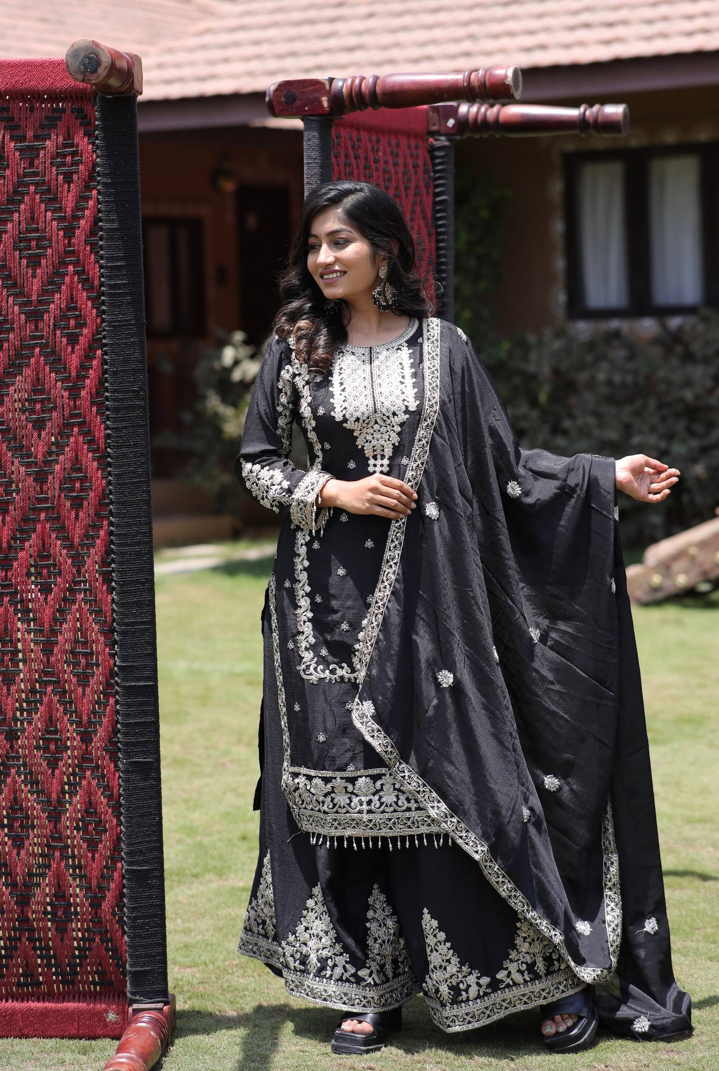 Kurti Plazzo Set Embroidered Work with Party Wear Chinon Silk fabric Kurti pair has a Regular-fit