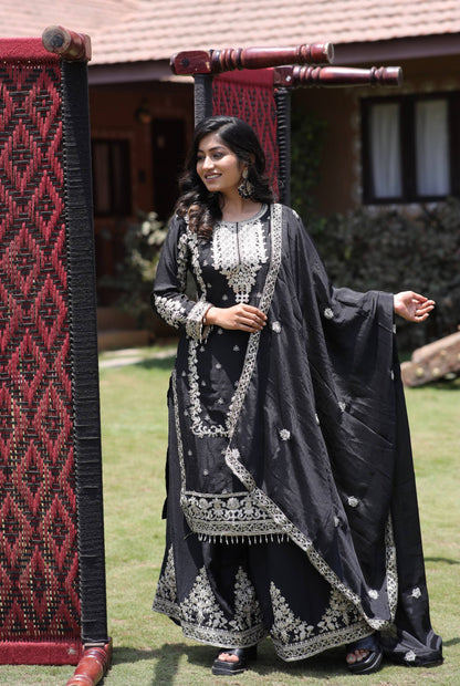 Kurti Plazzo Set Embroidered Work with Party Wear Chinon Silk fabric Kurti pair has a Regular-fit