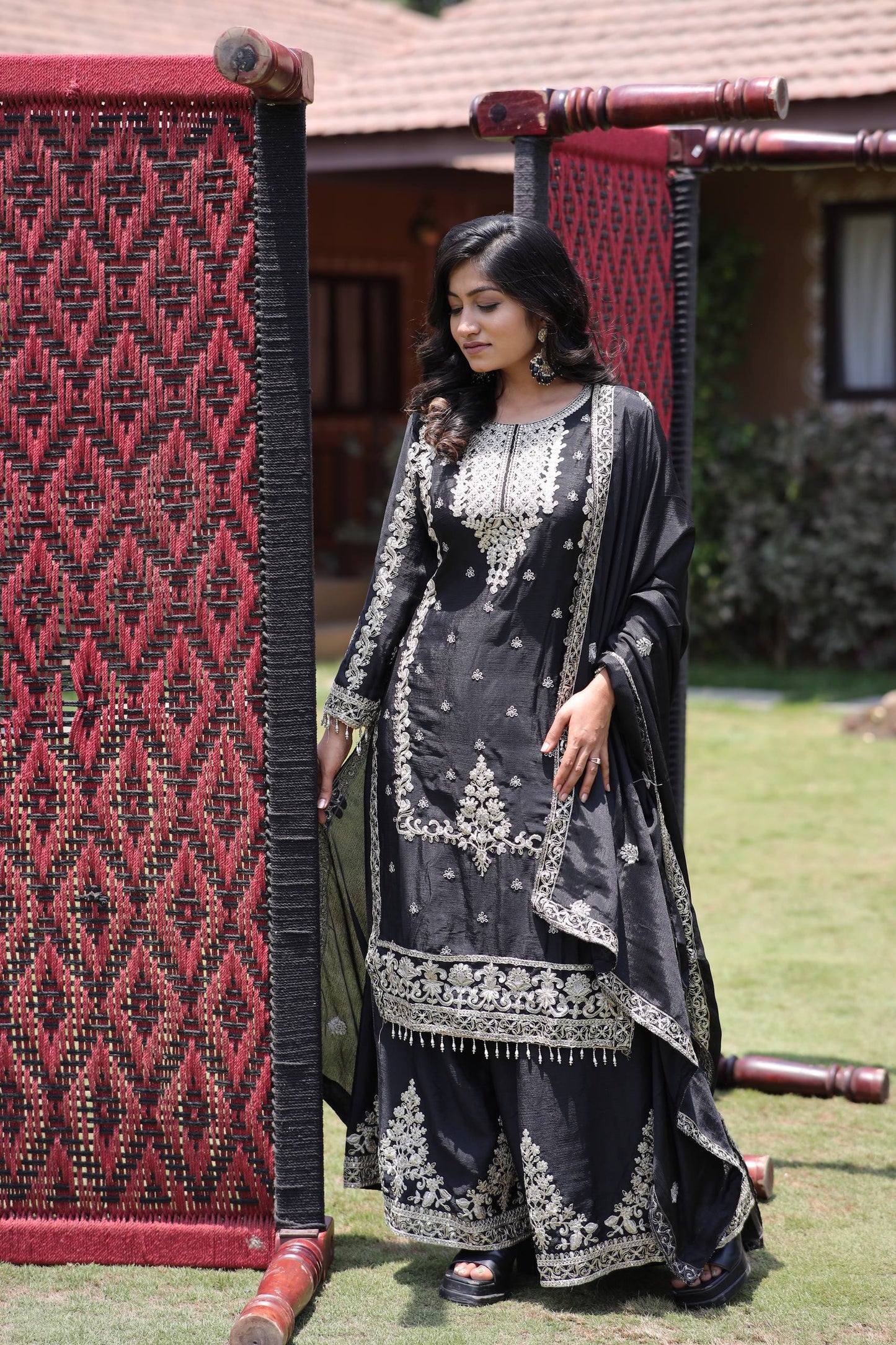 Kurti Plazzo Set Embroidered Work with Party Wear Chinon Silk fabric Kurti pair has a Regular-fit