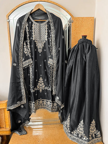 Kurti Plazzo Set Embroidered Work with Party Wear Chinon Silk fabric Kurti pair has a Regular-fit