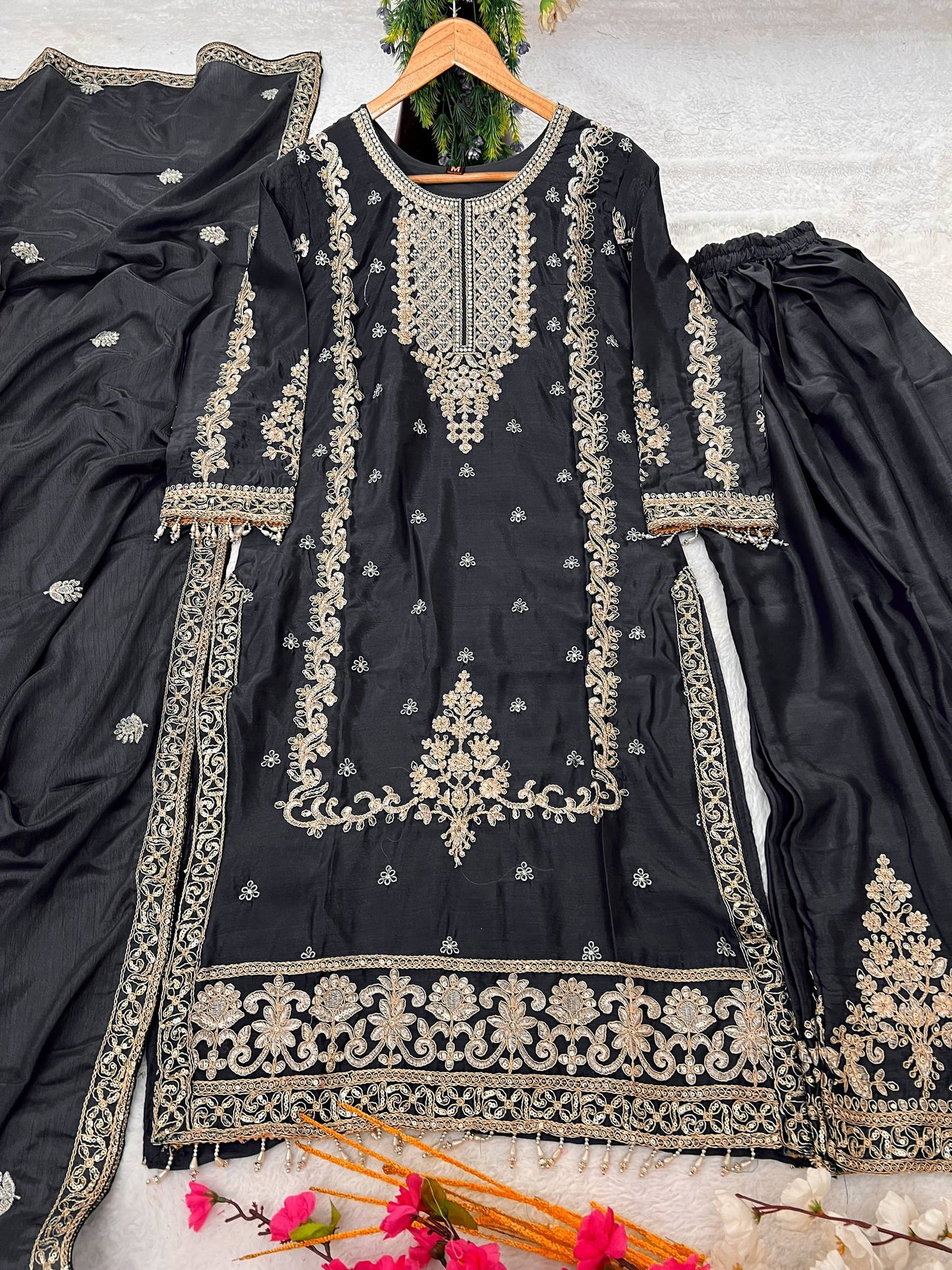 Kurti Plazzo Set Embroidered Work with Party Wear Chinon Silk fabric Kurti pair has a Regular-fit