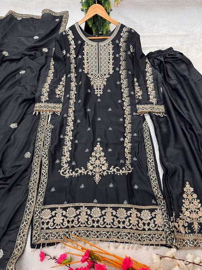 Kurti Plazzo Set Embroidered Work with Party Wear Chinon Silk fabric Kurti pair has a Regular-fit