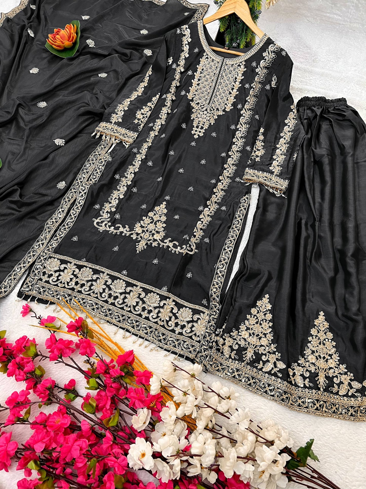 Kurti Plazzo Set Embroidered Work with Party Wear Chinon Silk fabric Kurti pair has a Regular-fit