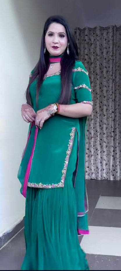 Women’s Natural Crepe Embroidered Sharara Set with Dupatta | Fancy Border Work Kurti & Palazzo | Fully Stitched Party Wear Suit