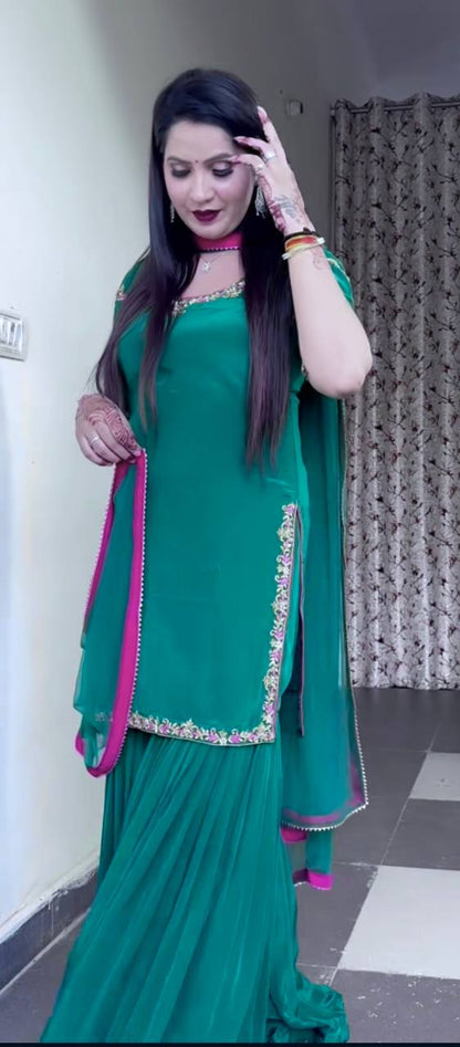 Women’s Natural Crepe Embroidered Sharara Set with Dupatta | Fancy Border Work Kurti & Palazzo | Fully Stitched Party Wear Suit