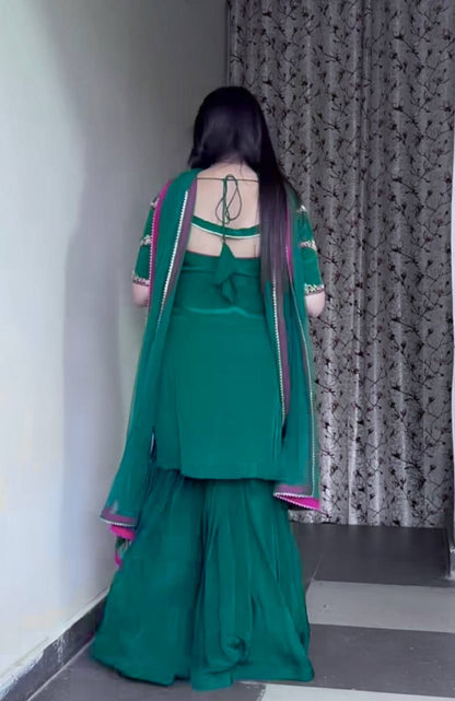 Women’s Natural Crepe Embroidered Sharara Set with Dupatta | Fancy Border Work Kurti & Palazzo | Fully Stitched Party Wear Suit