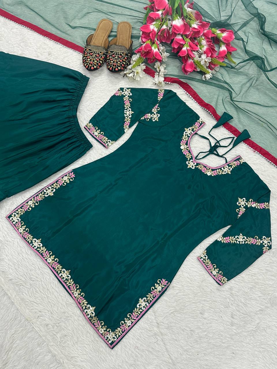 Women’s Natural Crepe Embroidered Sharara Set with Dupatta | Fancy Border Work Kurti & Palazzo | Fully Stitched Party Wear Suit