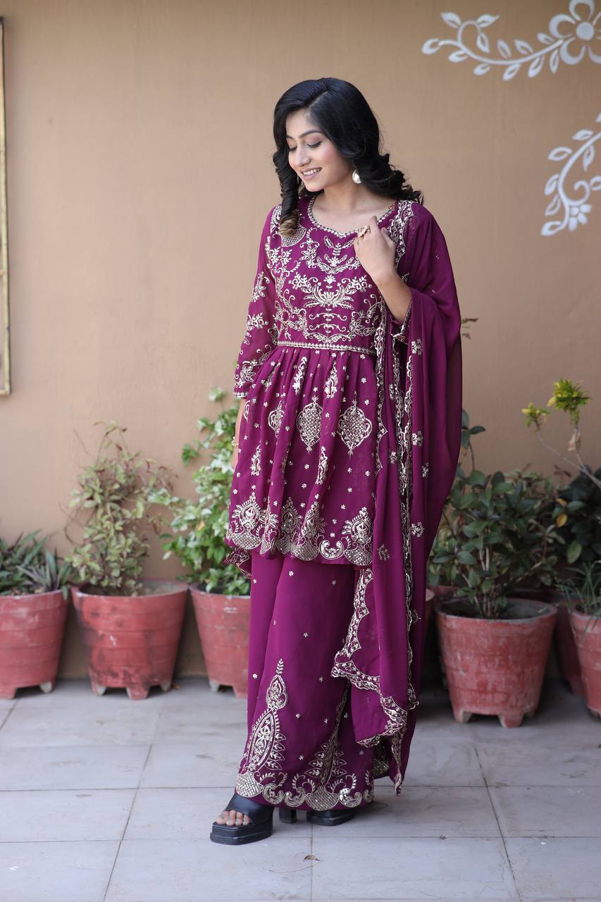 Faux Georgette Silk Kurti & Palazzo Set with Multi-Sequin Embroidery & Lace Dupatta