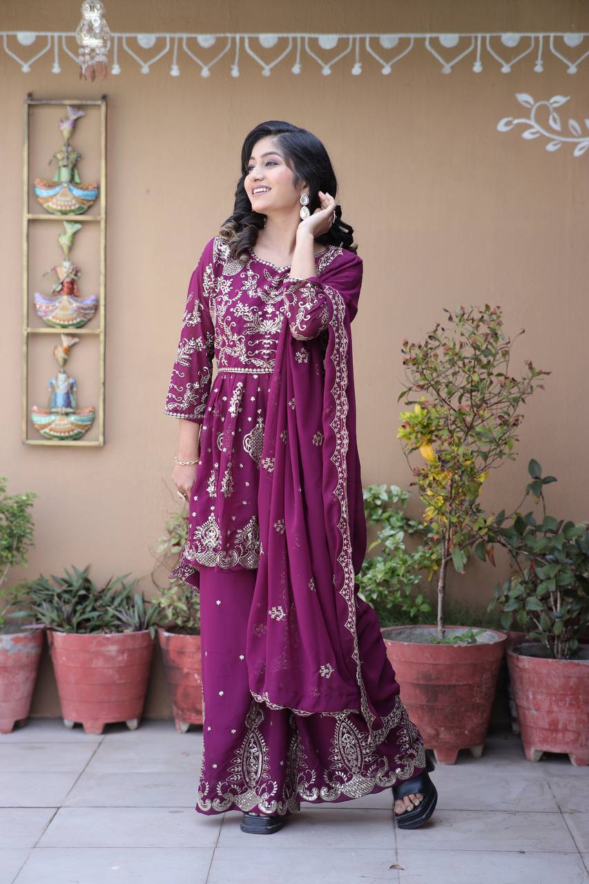 Faux Georgette Silk Kurti & Palazzo Set with Multi-Sequin Embroidery & Lace Dupatta