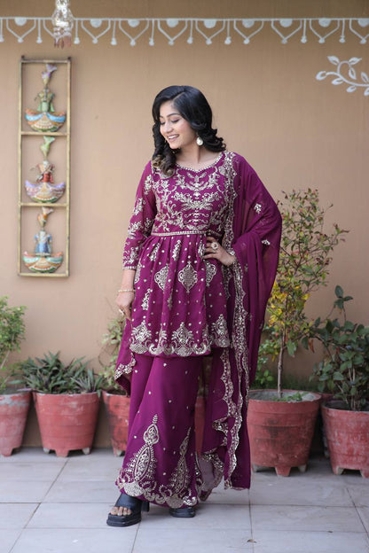 Faux Georgette Silk Kurti & Palazzo Set with Multi-Sequin Embroidery & Lace Dupatta