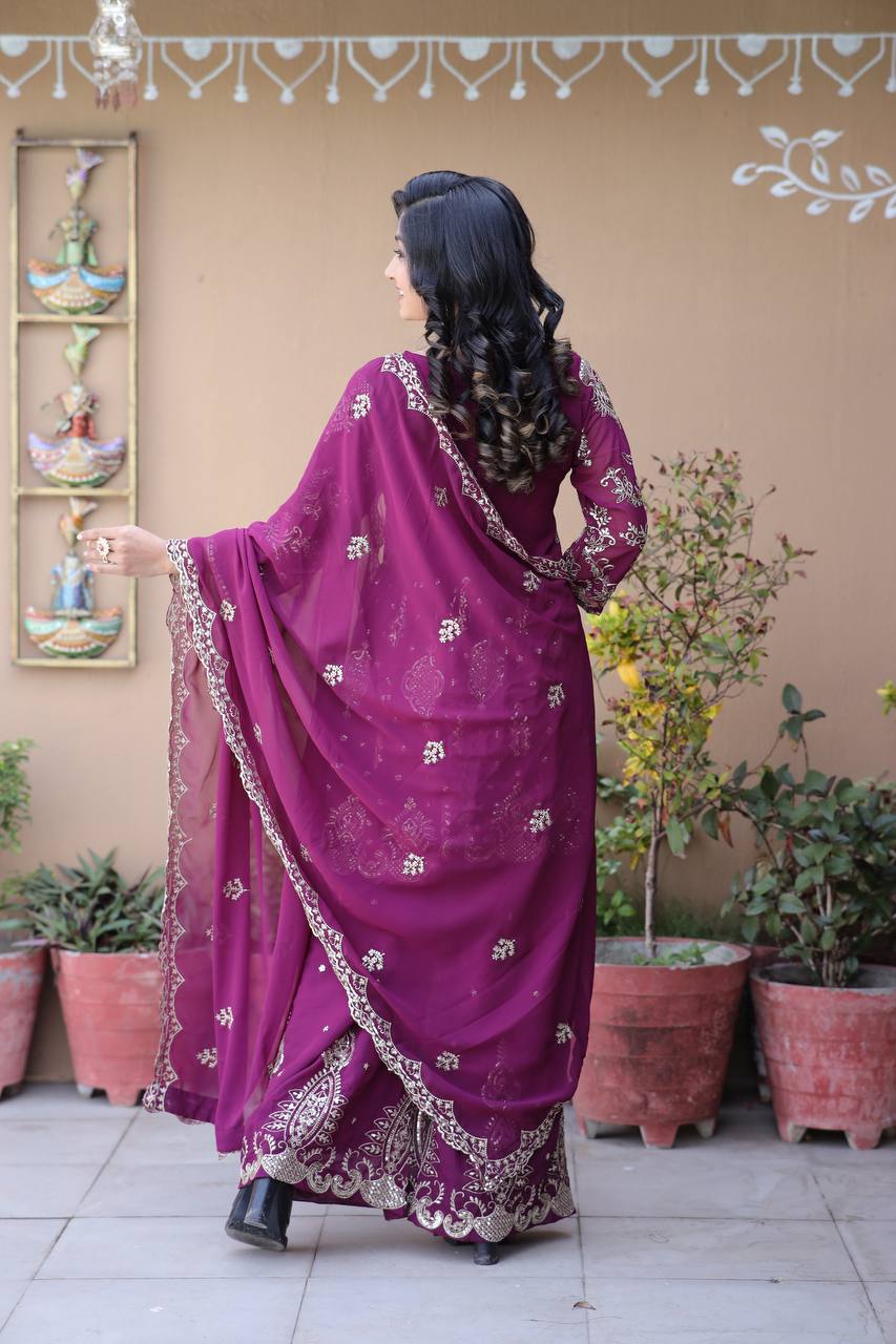 Faux Georgette Silk Kurti & Palazzo Set with Multi-Sequin Embroidery & Lace Dupatta