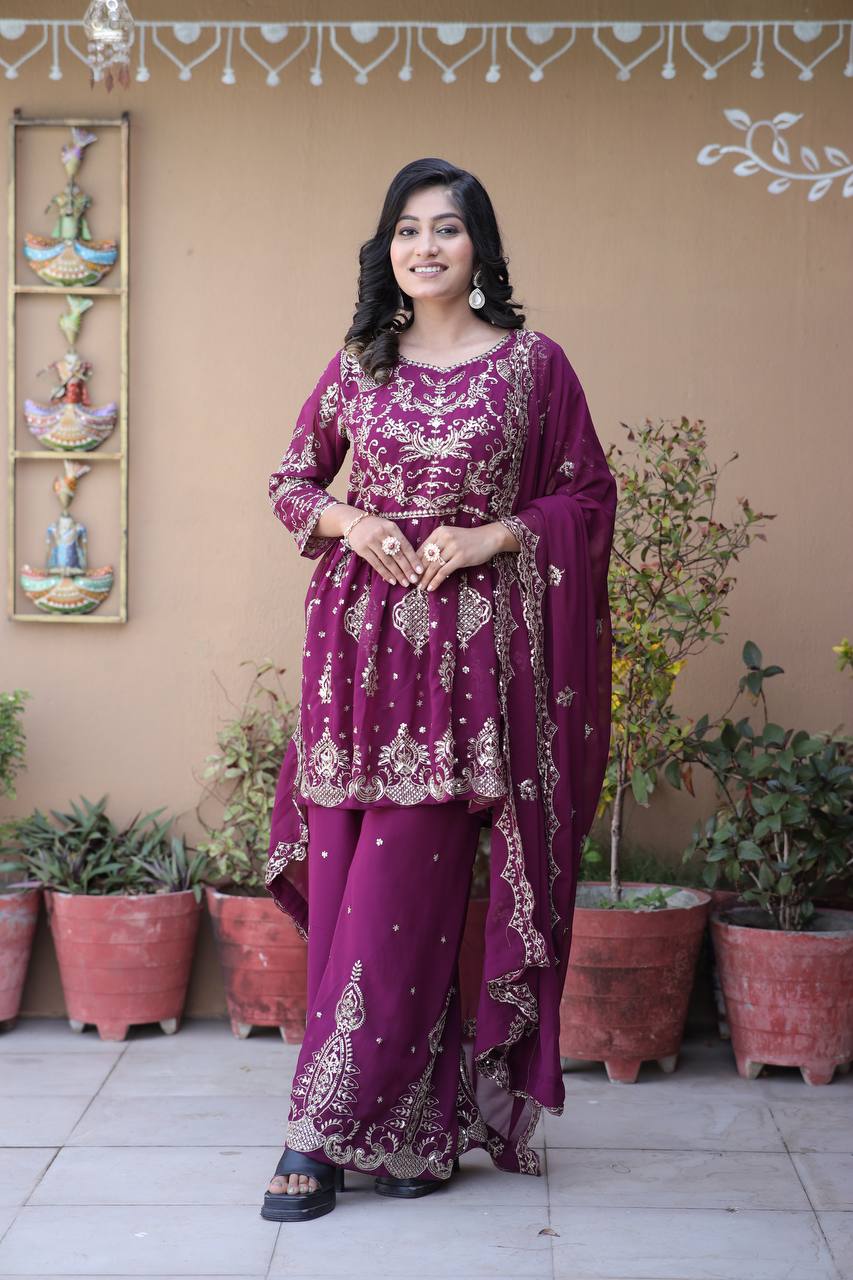 Faux Georgette Silk Kurti & Palazzo Set with Multi-Sequin Embroidery & Lace Dupatta