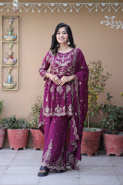 Faux Georgette Silk Kurti & Palazzo Set with Multi-Sequin Embroidery & Lace Dupatta