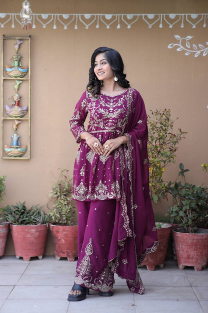 Faux Georgette Silk Kurti & Palazzo Set with Multi-Sequin Embroidery & Lace Dupatta