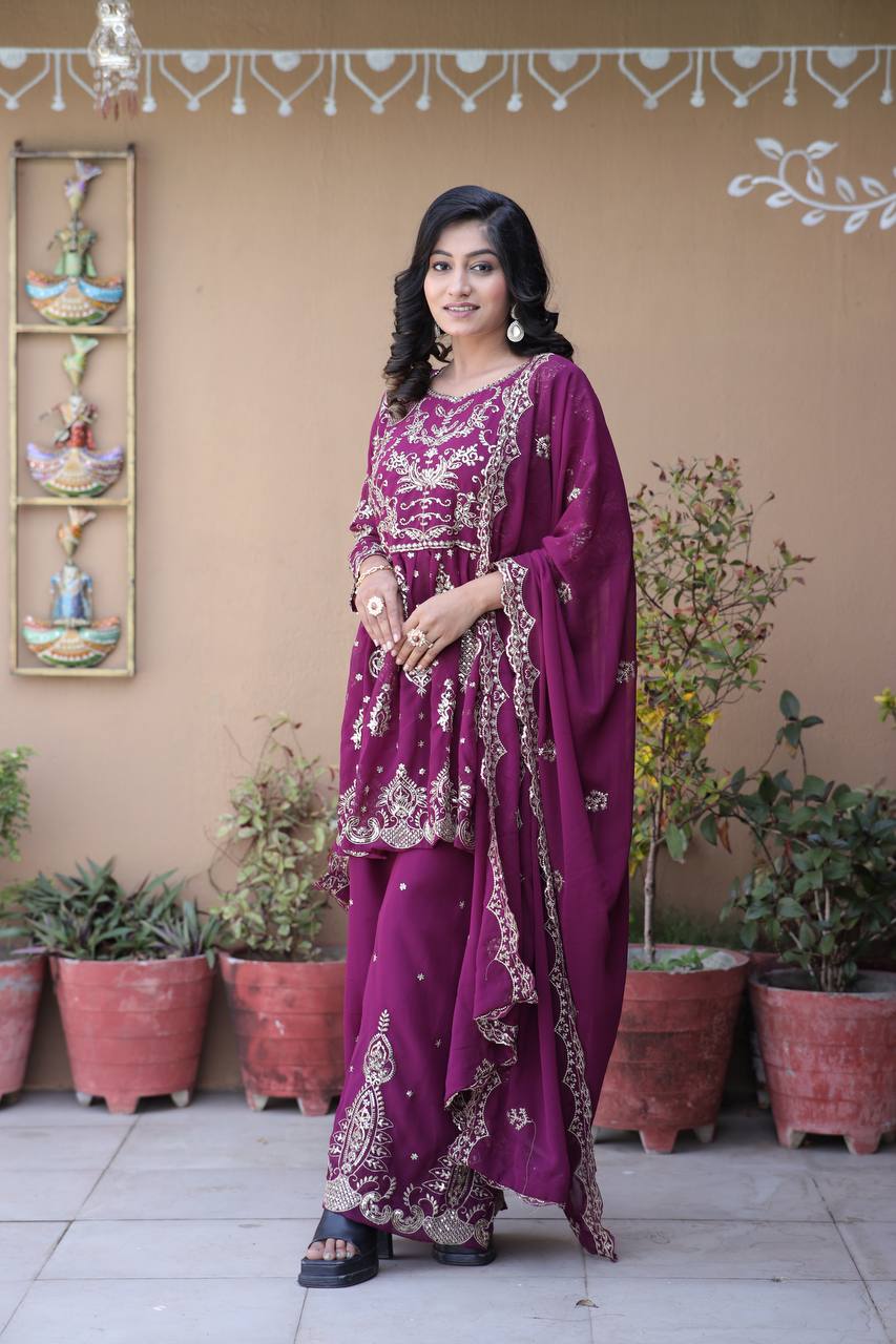 Faux Georgette Silk Kurti & Palazzo Set with Multi-Sequin Embroidery & Lace Dupatta