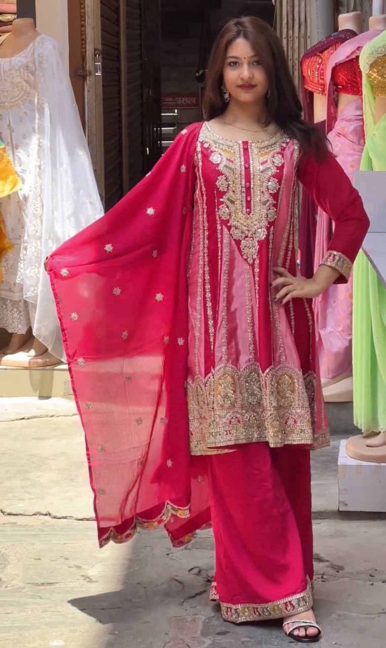 Kurti Plazzo with Dupatta Party Wear Chinon Silk fabric Kurti pair has a Regular-fit