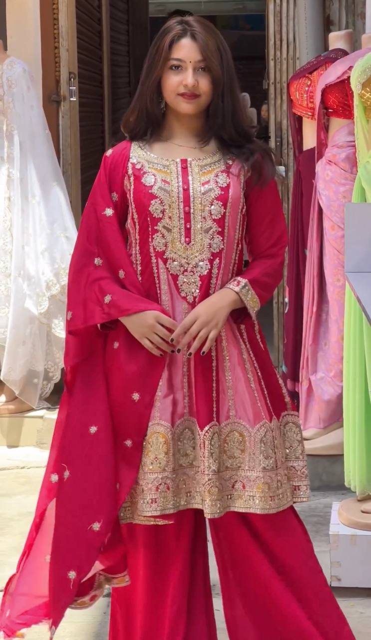 Kurti Plazzo with Dupatta Party Wear Chinon Silk fabric Kurti pair has a Regular-fit