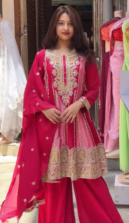 Kurti Plazzo with Dupatta Party Wear Chinon Silk fabric Kurti pair has a Regular-fit