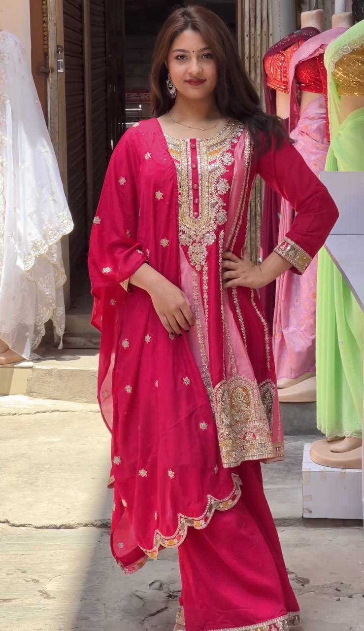 Kurti Plazzo with Dupatta Party Wear Chinon Silk fabric Kurti pair has a Regular-fit