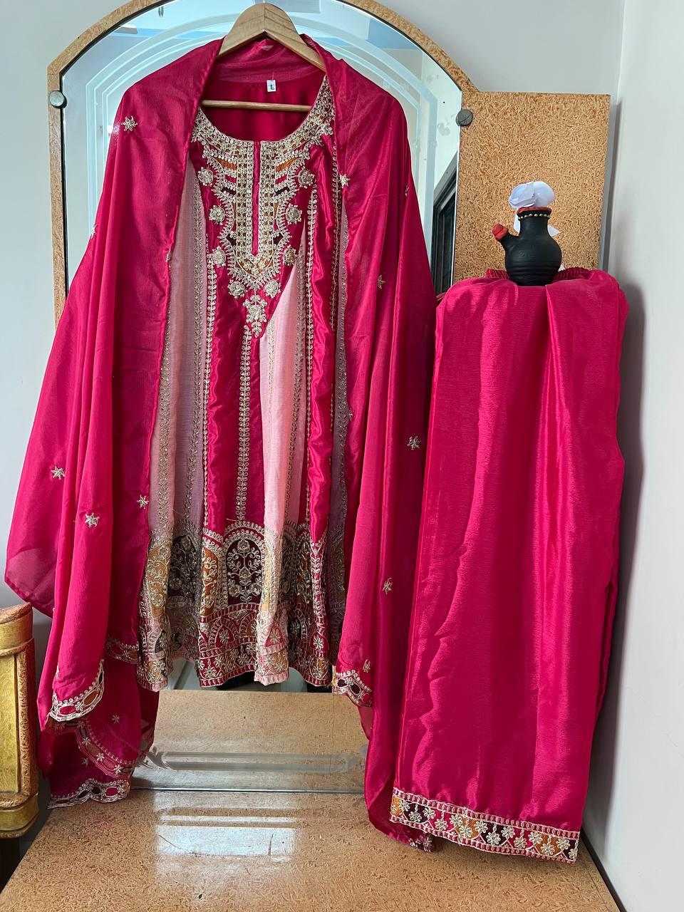 Kurti Plazzo with Dupatta Party Wear Chinon Silk fabric Kurti pair has a Regular-fit