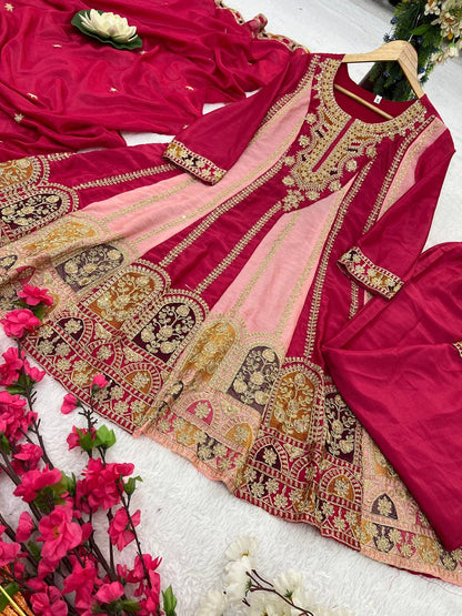 Kurti Plazzo with Dupatta Party Wear Chinon Silk fabric Kurti pair has a Regular-fit