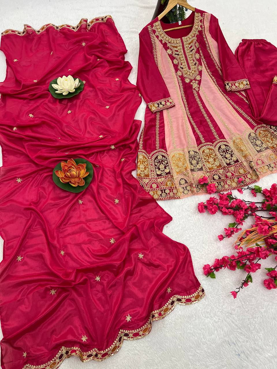 Kurti Plazzo with Dupatta Party Wear Chinon Silk fabric Kurti pair has a Regular-fit