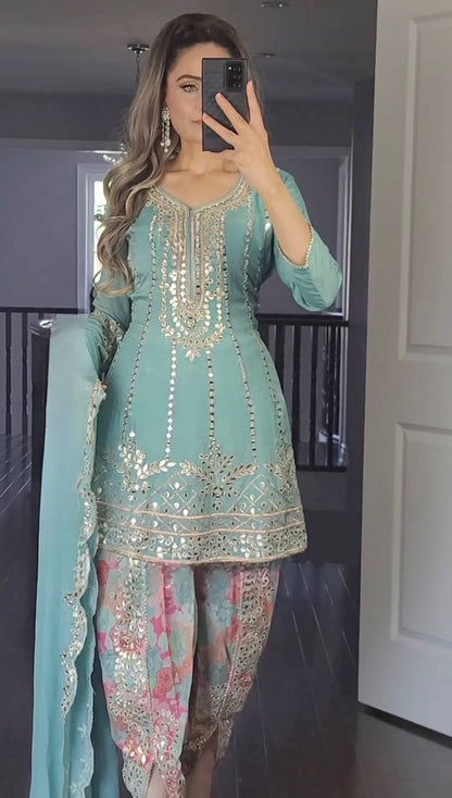 Designer Faux Georgette Dhoti Salwar Suit Set with Sequins Embroidery & Digital Print, Fully Stitched Top & Dupatta for Women