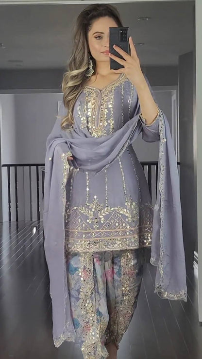 Designer Faux Georgette Dhoti Salwar Suit Set with Sequins Embroidery & Digital Print, Fully Stitched Top & Dupatta for Women