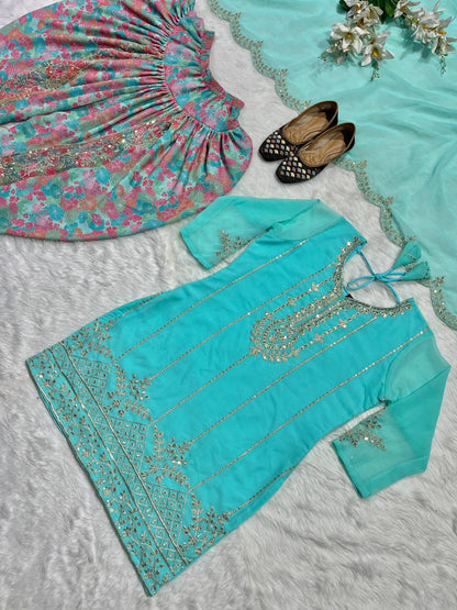 Designer Faux Georgette Dhoti Salwar Suit Set with Sequins Embroidery & Digital Print, Fully Stitched Top & Dupatta for Women