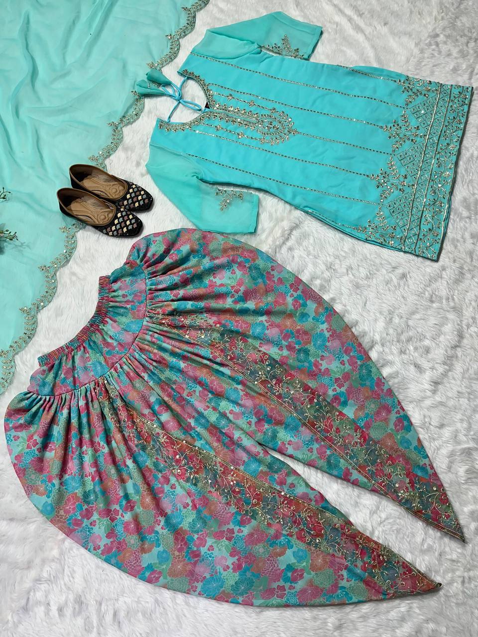 Designer Faux Georgette Dhoti Salwar Suit Set with Sequins Embroidery & Digital Print, Fully Stitched Top & Dupatta for Women