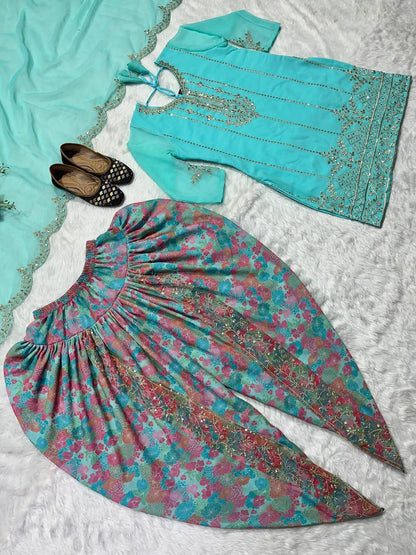 Designer Faux Georgette Dhoti Salwar Suit Set with Sequins Embroidery & Digital Print, Fully Stitched Top & Dupatta for Women