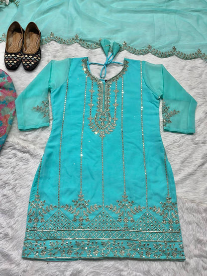 Designer Faux Georgette Dhoti Salwar Suit Set with Sequins Embroidery & Digital Print, Fully Stitched Top & Dupatta for Women