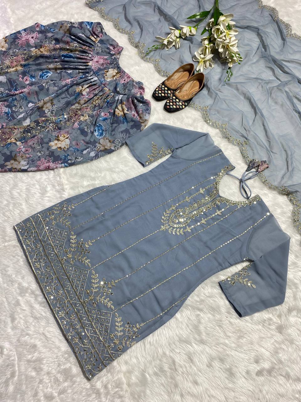 Designer Faux Georgette Dhoti Salwar Suit Set with Sequins Embroidery & Digital Print, Fully Stitched Top & Dupatta for Women