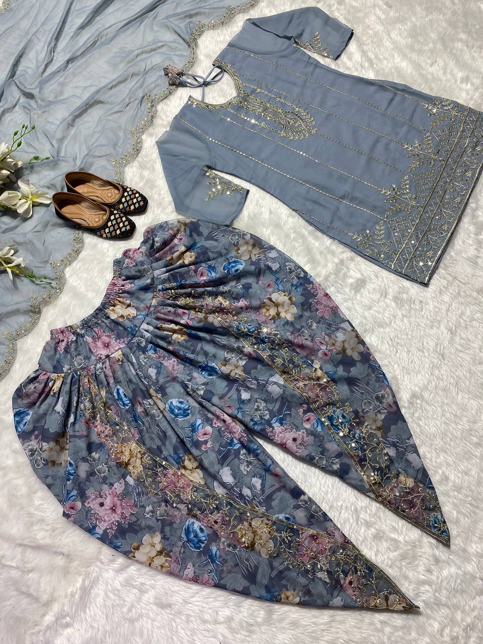 Designer Faux Georgette Dhoti Salwar Suit Set with Sequins Embroidery & Digital Print, Fully Stitched Top & Dupatta for Women