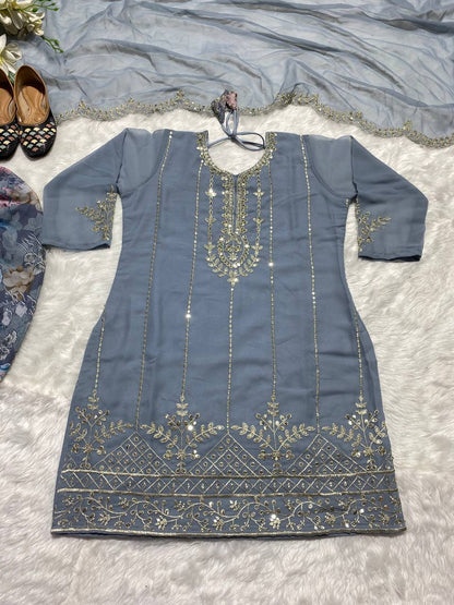 Designer Faux Georgette Dhoti Salwar Suit Set with Sequins Embroidery & Digital Print, Fully Stitched Top & Dupatta for Women