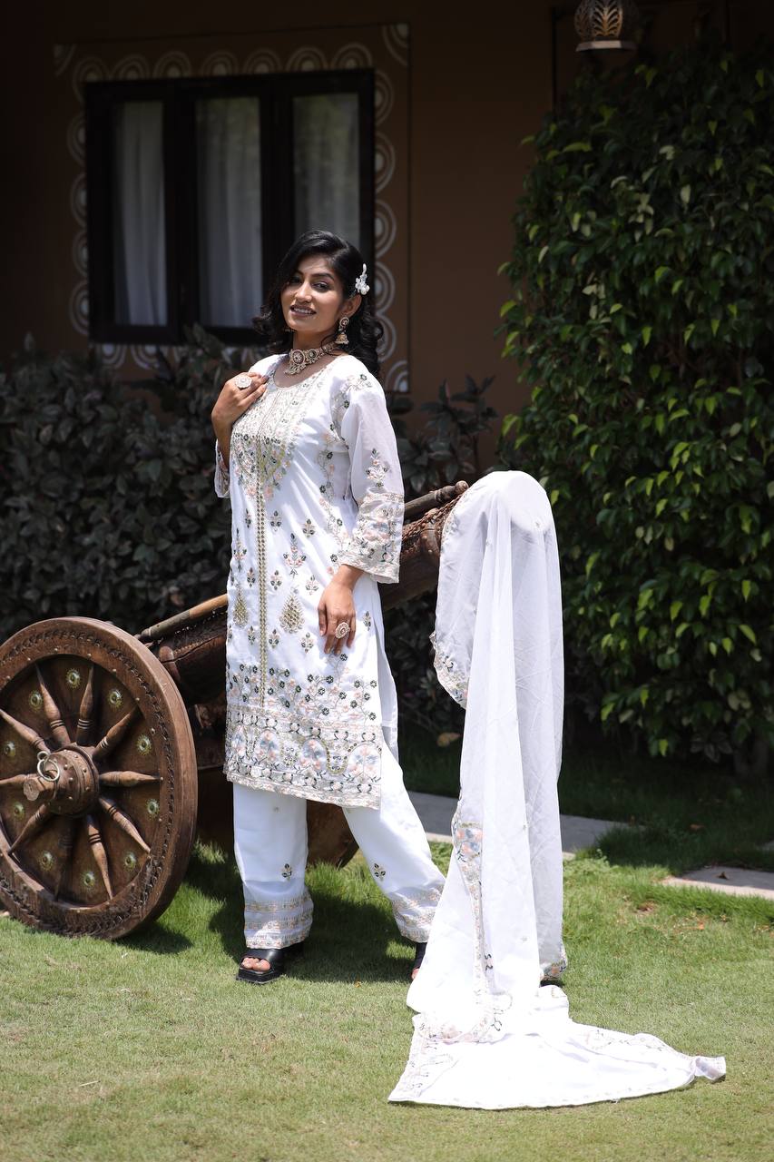 Elegant Faux Georgette Silk Sequin Embroidered Kurti Set with Sequin Embroidery & Lace Dupatta