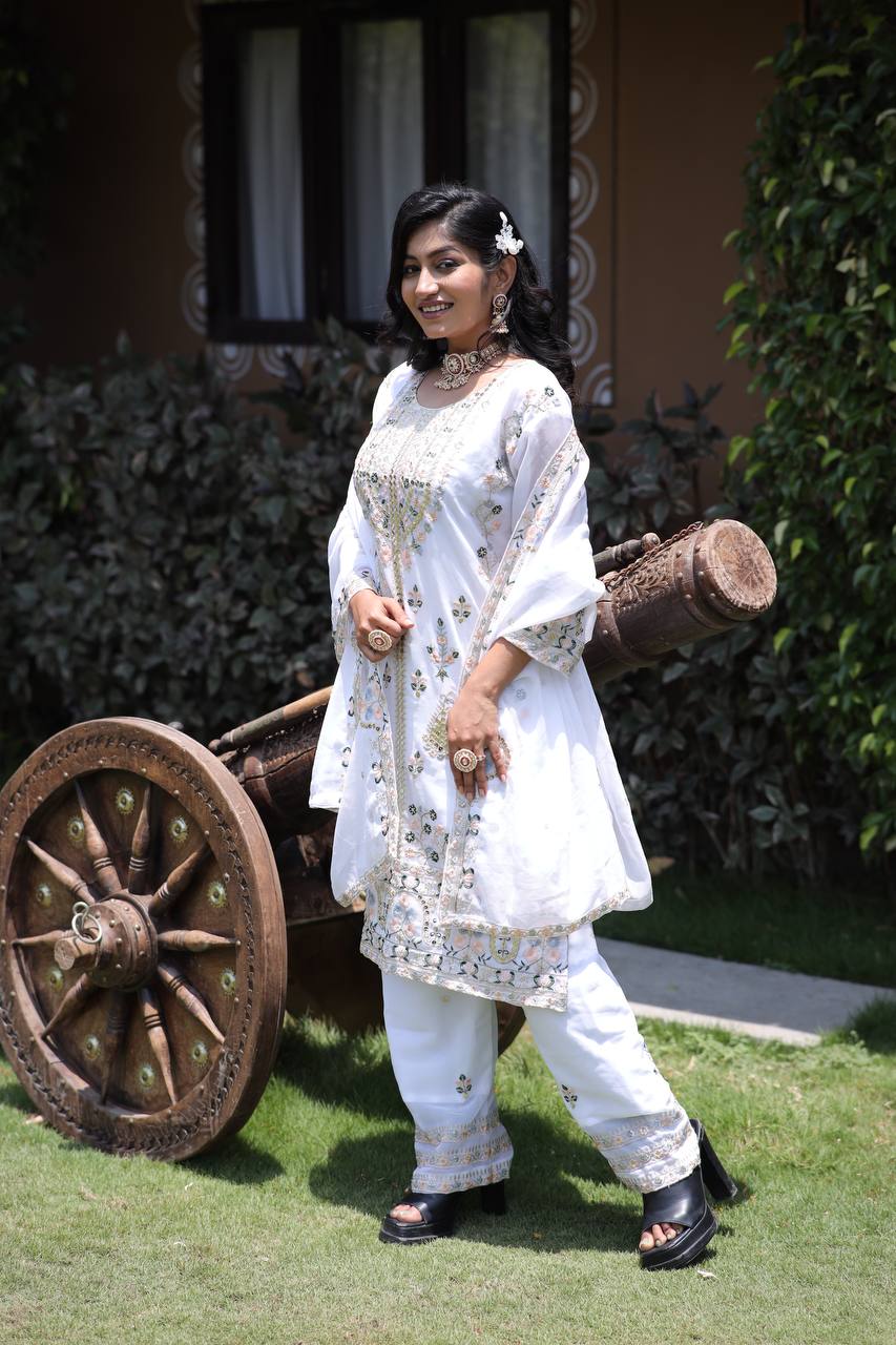 Elegant Faux Georgette Silk Sequin Embroidered Kurti Set with Sequin Embroidery & Lace Dupatta