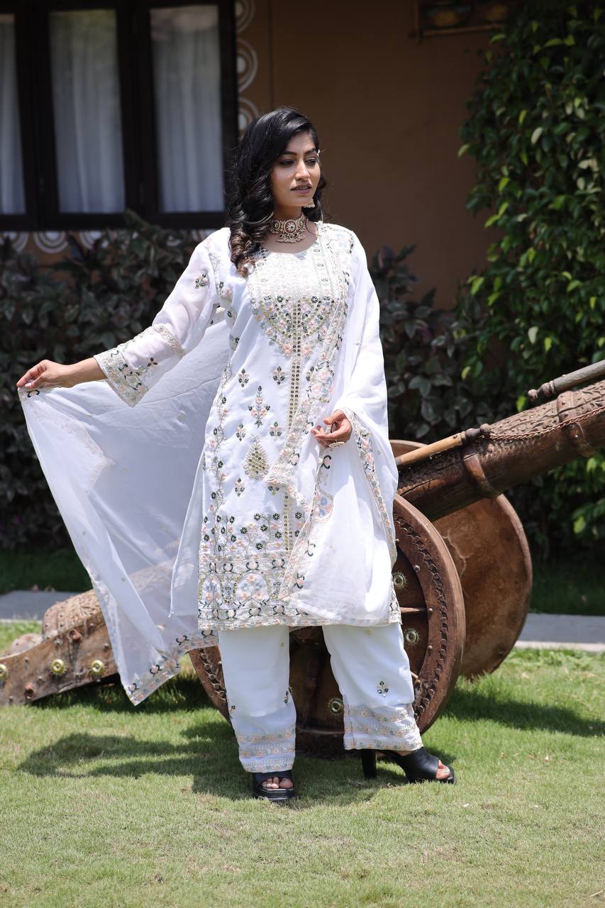 Elegant Faux Georgette Silk Sequin Embroidered Kurti Set with Sequin Embroidery & Lace Dupatta