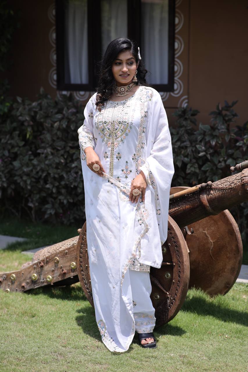 Elegant Faux Georgette Silk Sequin Embroidered Kurti Set with Sequin Embroidery & Lace Dupatta