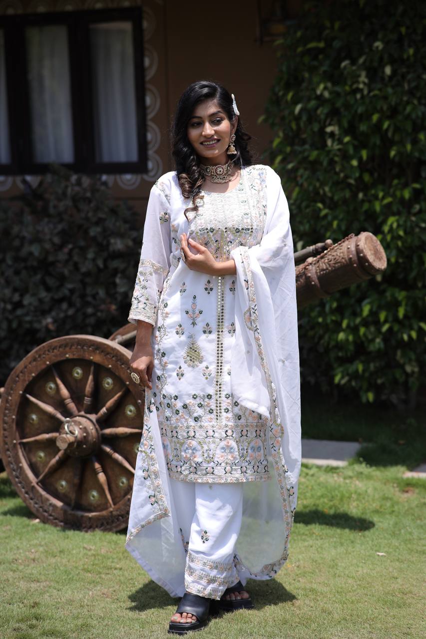 Elegant Faux Georgette Silk Sequin Embroidered Kurti Set with Sequin Embroidery & Lace Dupatta