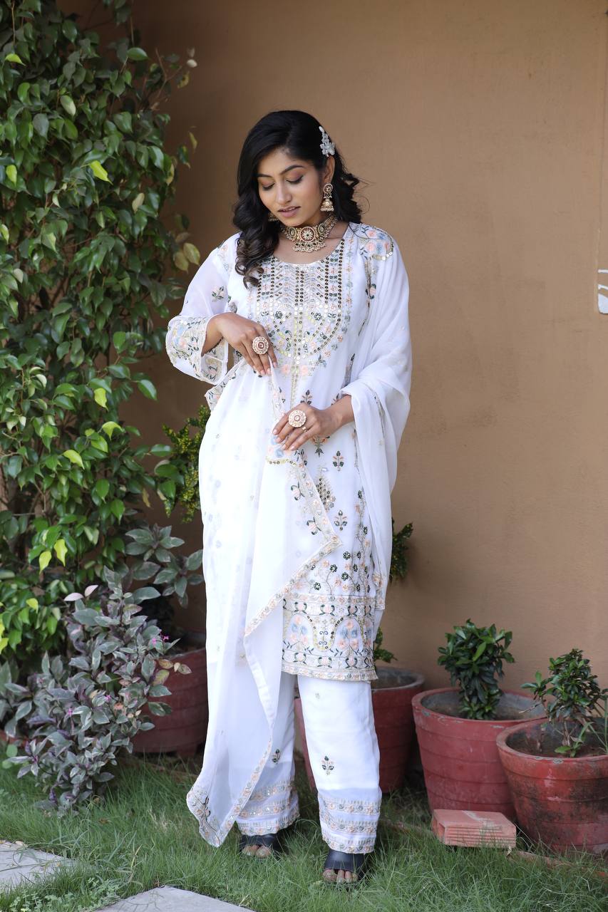 Elegant Faux Georgette Silk Sequin Embroidered Kurti Set with Sequin Embroidery & Lace Dupatta