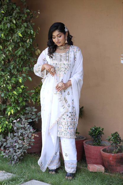 Elegant Faux Georgette Silk Sequin Embroidered Kurti Set with Sequin Embroidery & Lace Dupatta