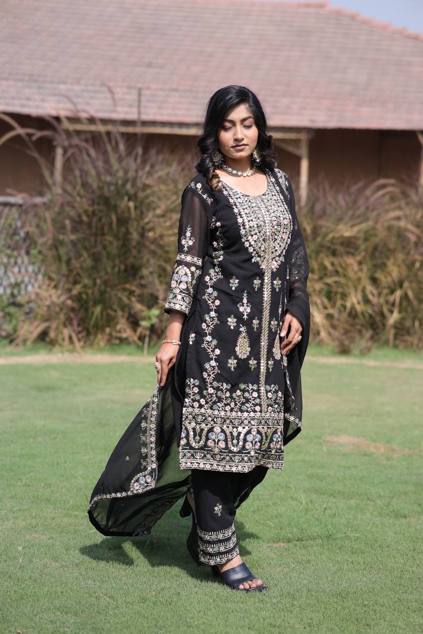 Elegant Faux Georgette Silk Sequin Embroidered Kurti Set with Sequin Embroidery & Lace Dupatta