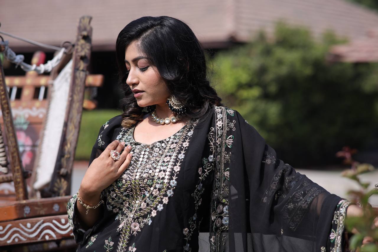 Elegant Faux Georgette Silk Sequin Embroidered Kurti Set with Sequin Embroidery & Lace Dupatta