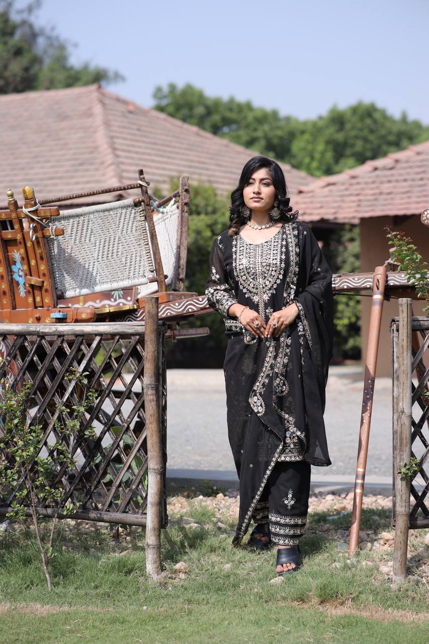 Elegant Faux Georgette Silk Sequin Embroidered Kurti Set with Sequin Embroidery & Lace Dupatta