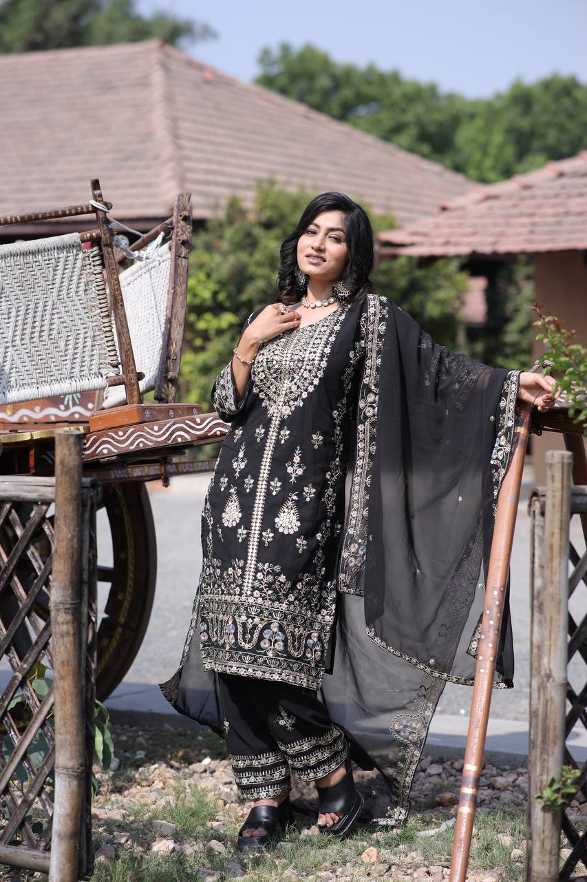 Elegant Faux Georgette Silk Sequin Embroidered Kurti Set with Sequin Embroidery & Lace Dupatta