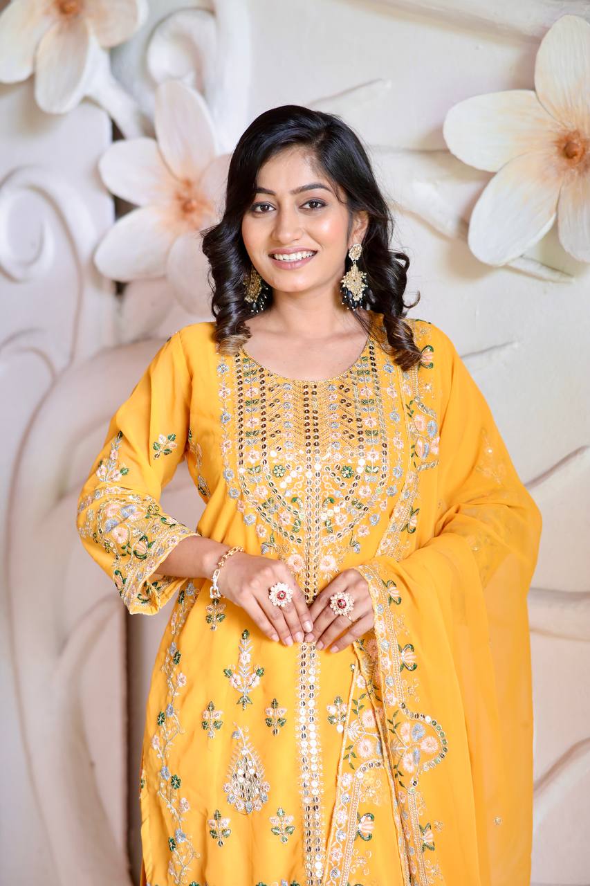 Elegant Faux Georgette Silk Sequin Embroidered Kurti Set with Sequin Embroidery & Lace Dupatta