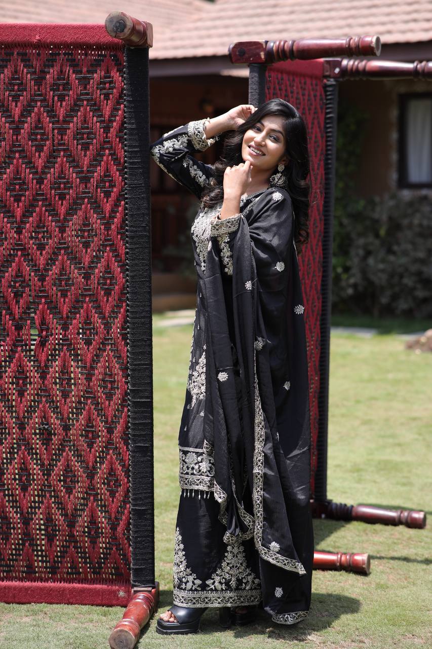 Chinon Silk Kurta & Plazzo Set with Heavy Embroidered Lace Dupatta & Multi-Sequin Work
