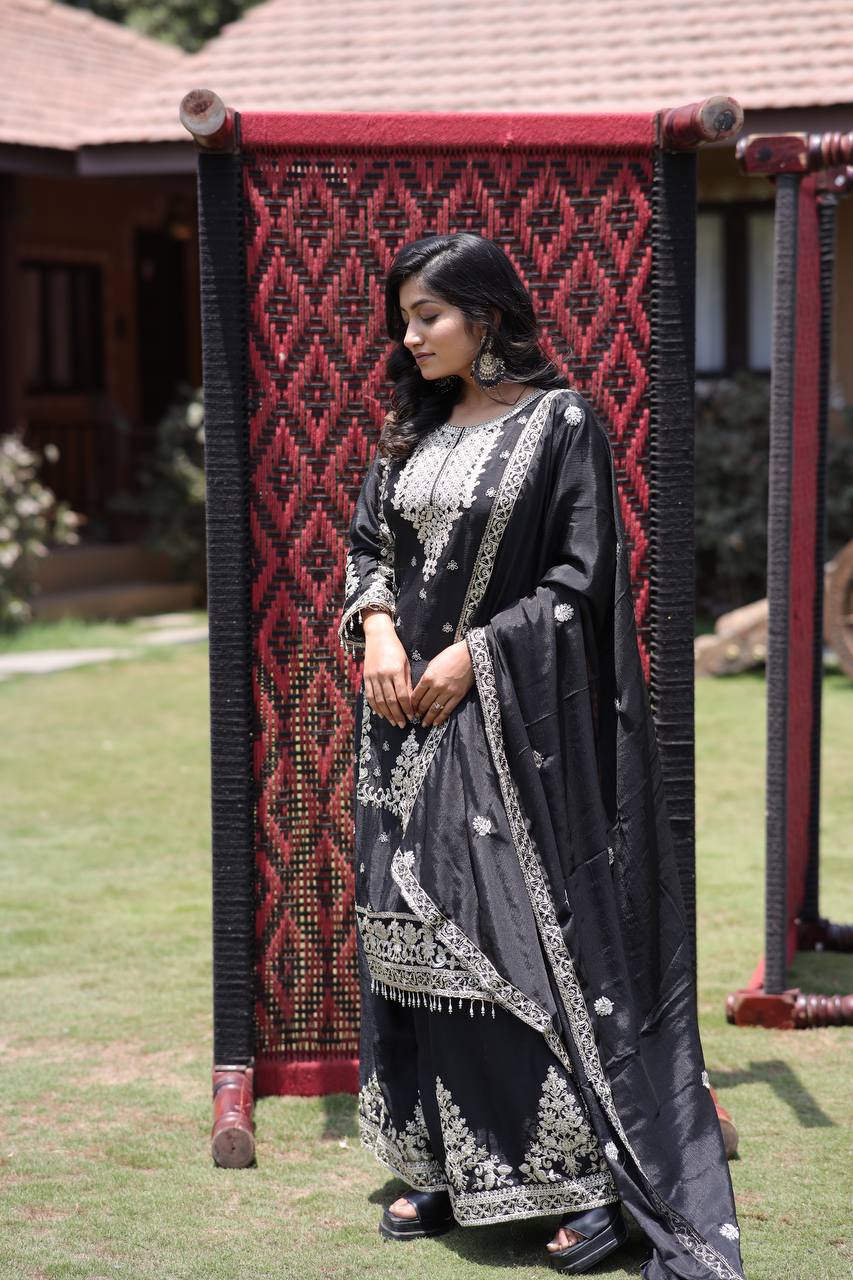 Chinon Silk Kurta & Plazzo Set with Heavy Embroidered Lace Dupatta & Multi-Sequin Work