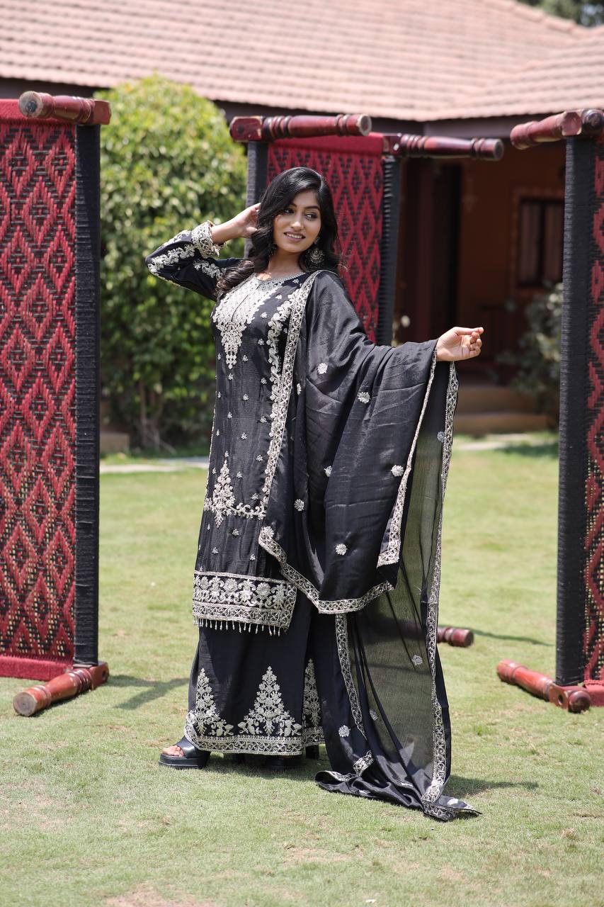 Chinon Silk Kurta & Plazzo Set with Heavy Embroidered Lace Dupatta & Multi-Sequin Work